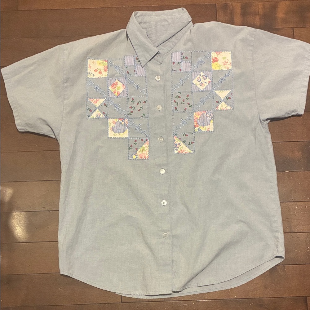 L.A. Blues Denim Blouse with Floral Patchwork